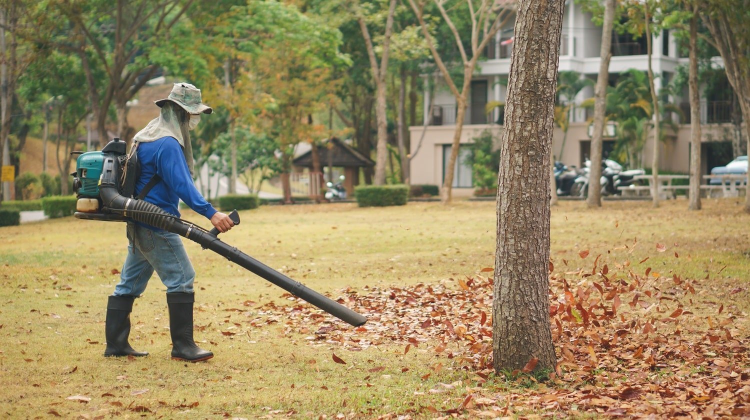 Worker cleans Autumn leaves in the park by blower machine