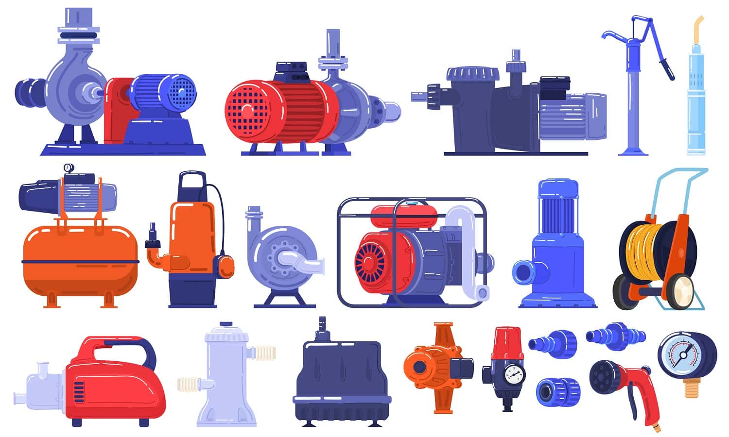 Pipe water pumps machinery, equipment, pipeline technology in industry, complex industrial machine of pipes, cables, motors, gauges and pumps set of isolated vector illustration. Engineering devices.