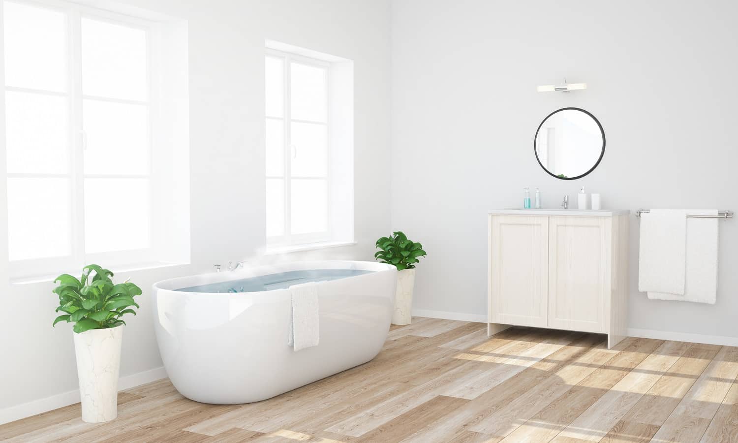warm water bathroom with wooden floor 3d rendering