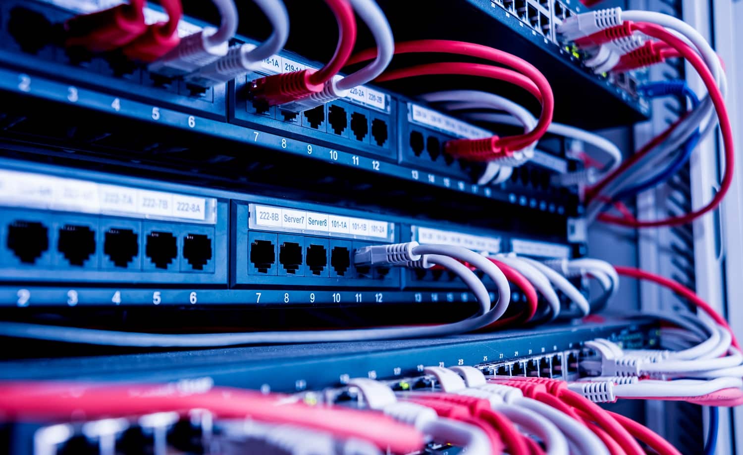 Network switch and ethernet cables in red and white colors. Data Center. Background