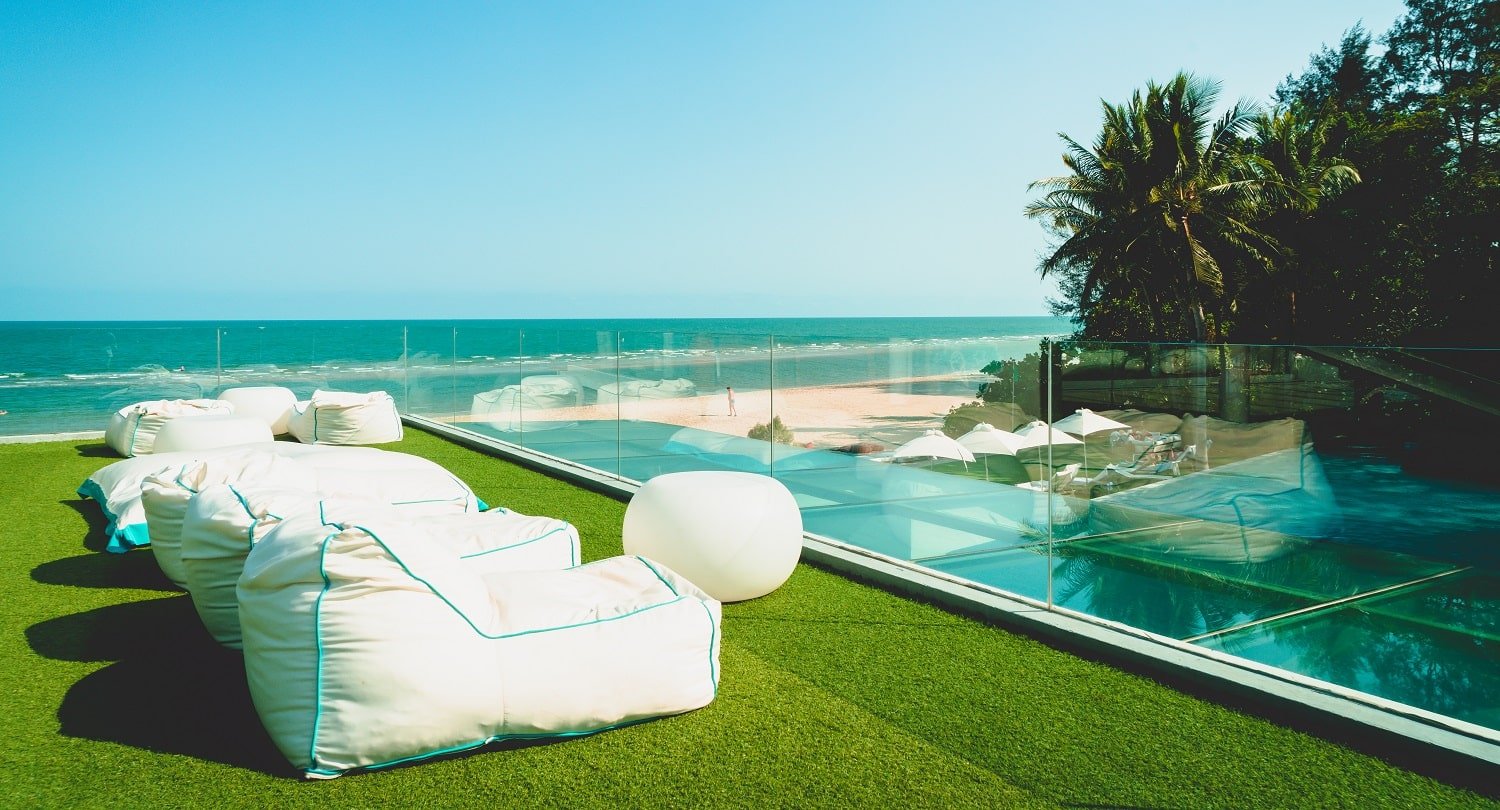 empty beach bean bag on balcony with ocean sea background