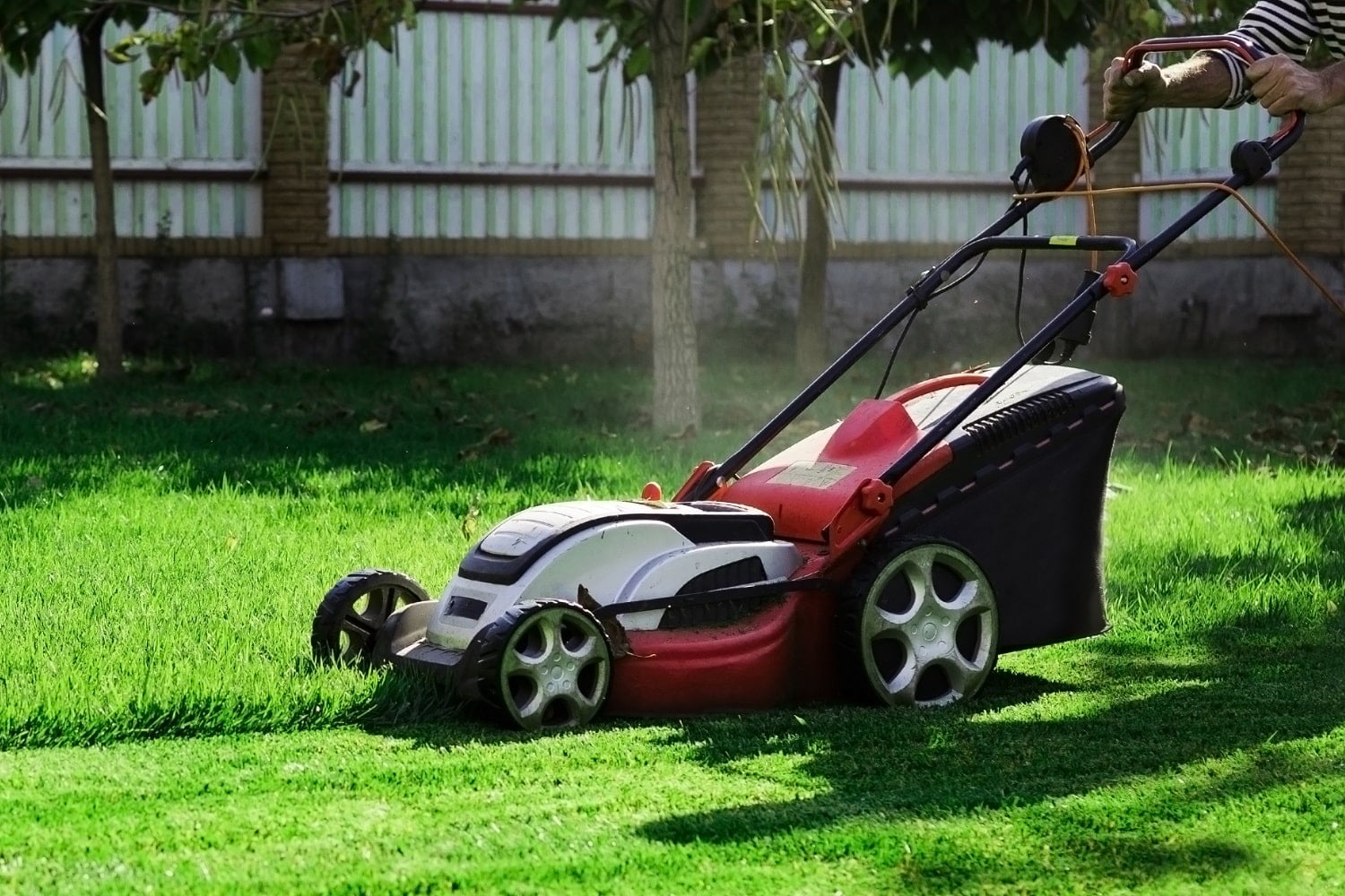 Gardener by electric lawn mower cutting green grass in the garden. Garden meadow lawn cutting. Worker guy trimmed grass field. Backyard care concept. Verdict On Gifts For Garden