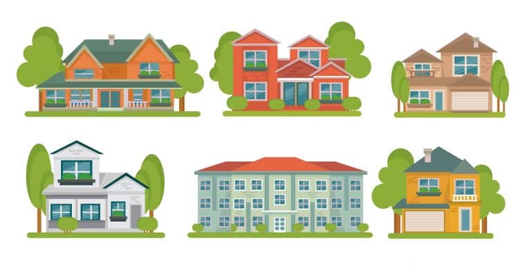 Isolated colored different types of buildings flat icon set with green areas around vector illustration