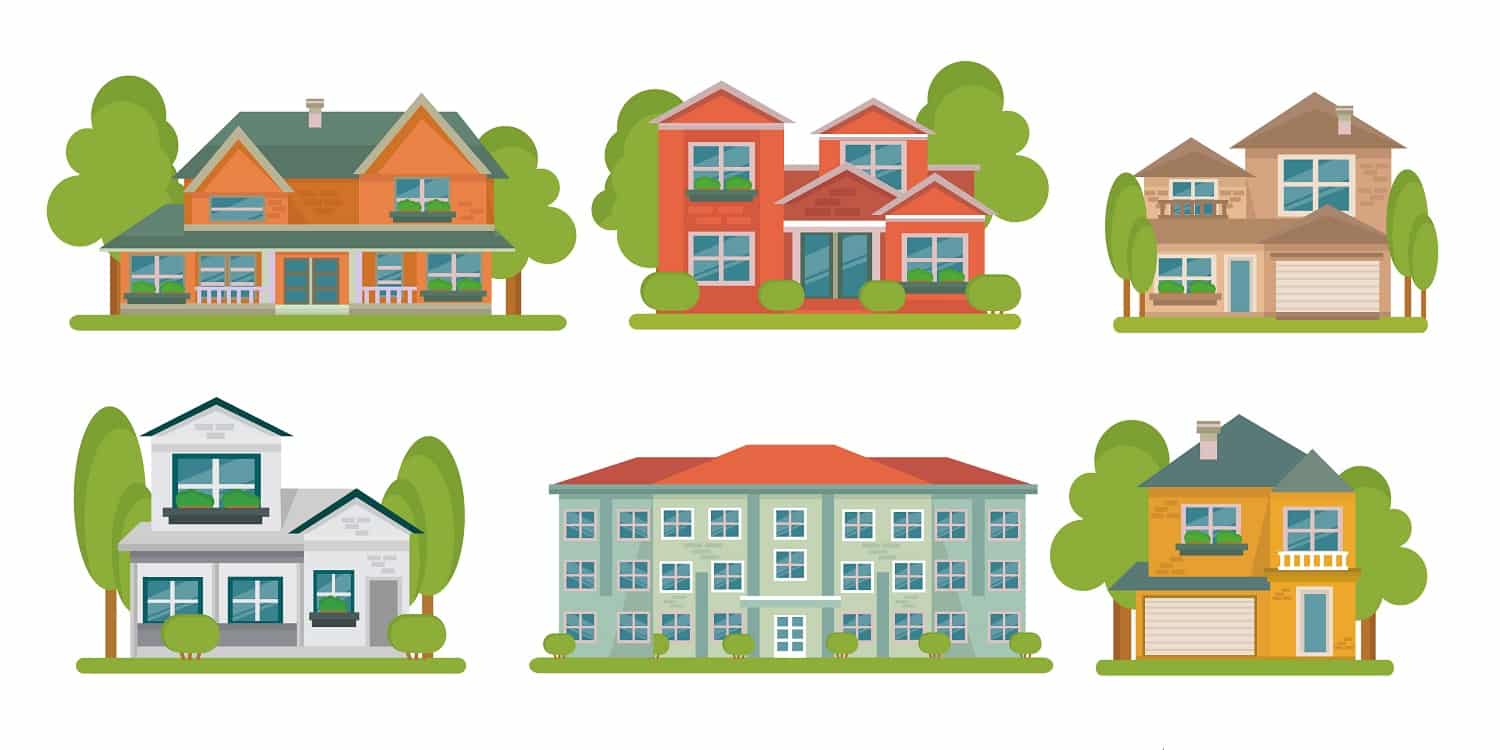 Isolated colored different types of buildings flat icon set with green areas around vector illustration