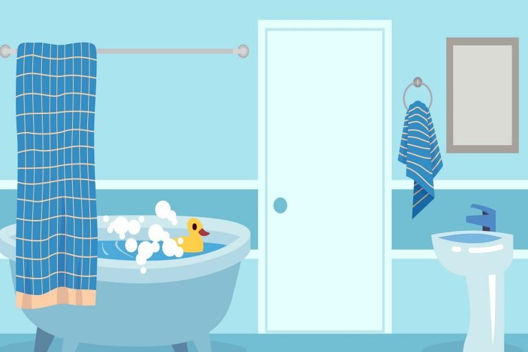 Cartoon bath. Cute white hot shower and bathtub with bubbles and toy in inside bathroom isolated vector illustration