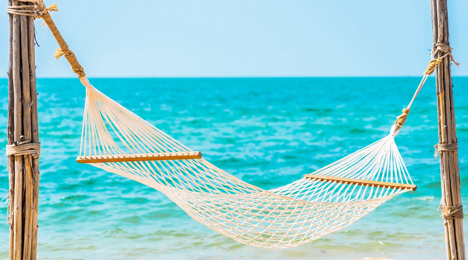Empty white hammock around sea beach ocean for leisure travel vacation concept