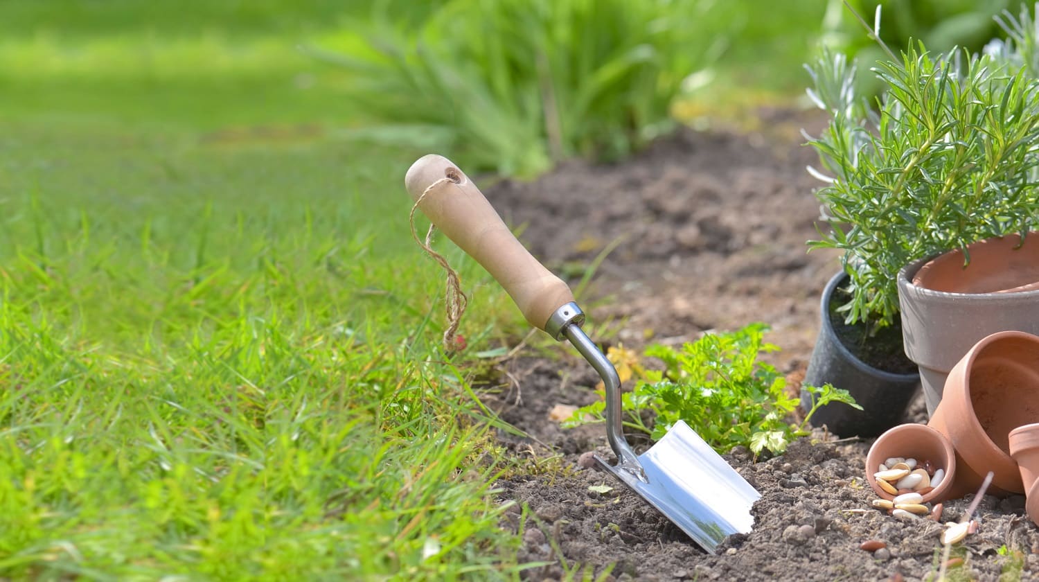 shovel planted in the soil of a garden next to teracotta pots and flowers with copy space in grass background