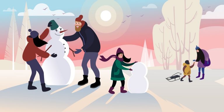 Children with dad make a snowman in a winter city park. Flat vector illustration.