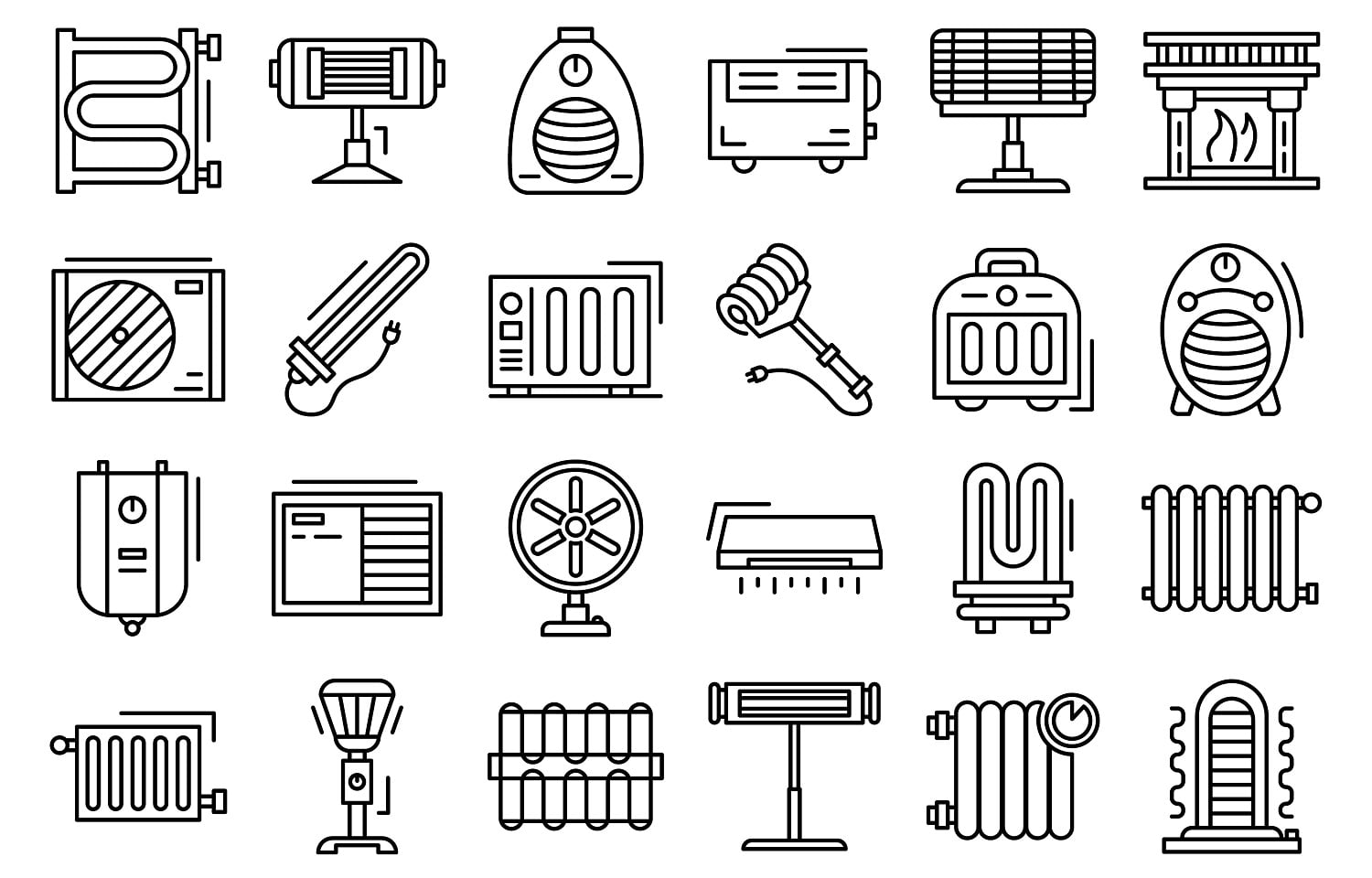 Electric heater icon set. Outline set of electric heater vector icons for web design isolated on white background