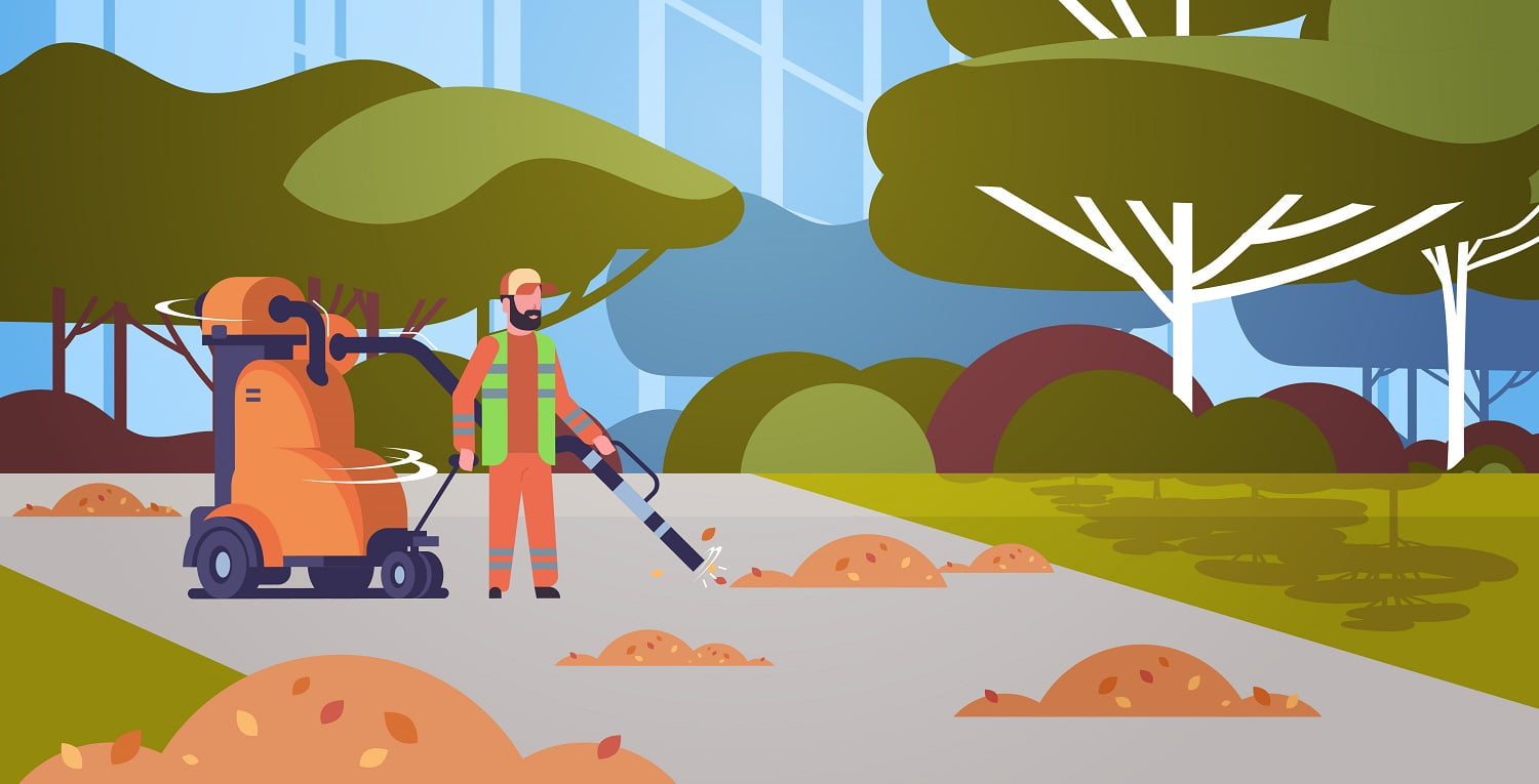 street janitor using industrial vacuum cleaner man in uniform vacuuming garbage in public park streets cleaning service concept cityscape background full length horizontal vector illustration