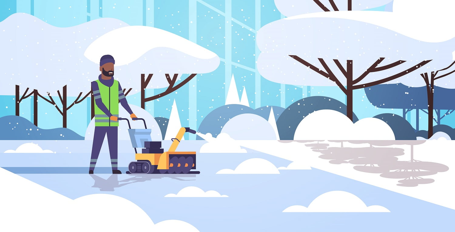 man cleaner in uniform using snowblower snow removal concept african american worker cleaning winter snowy park landscape background flat full length horizontal vector illustration