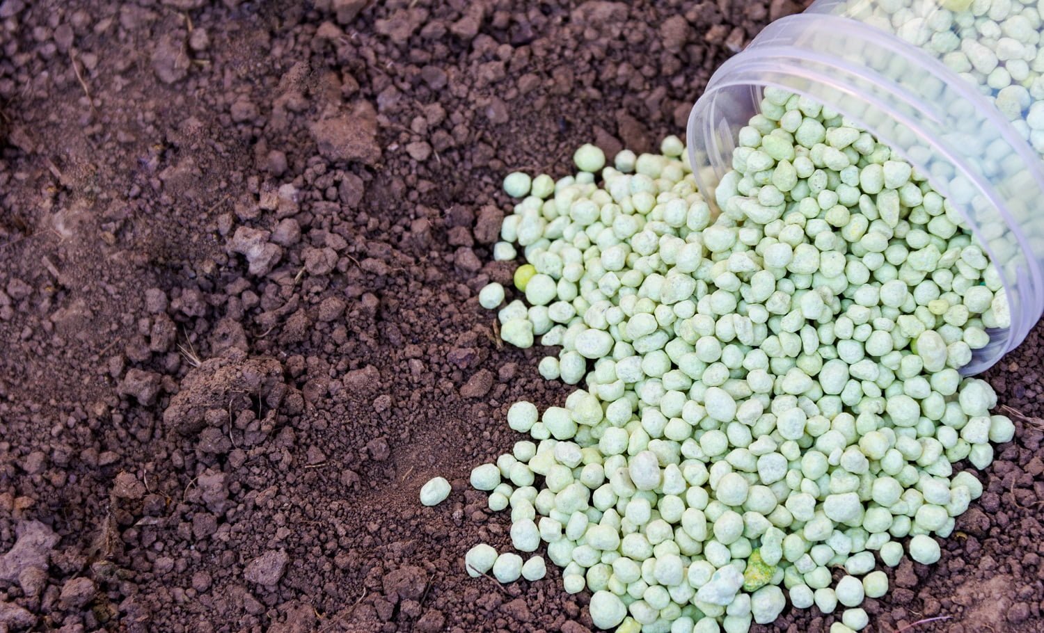 Green different shape chemical fertilizer granules on the ground. High quality photo
