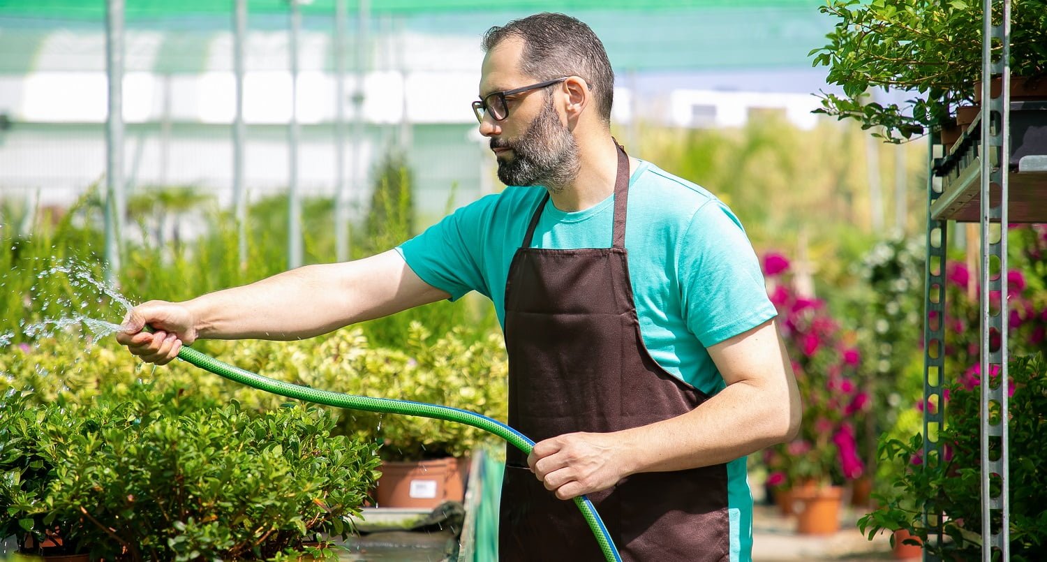 Side view of male gardener watering pot plants from hose. Caucasian bearded man wearing blue shirt, glasses and apron, growing flowers in greenhouse. Commercial gardening activity and summer concept. Zero G Garden Hose Verdict