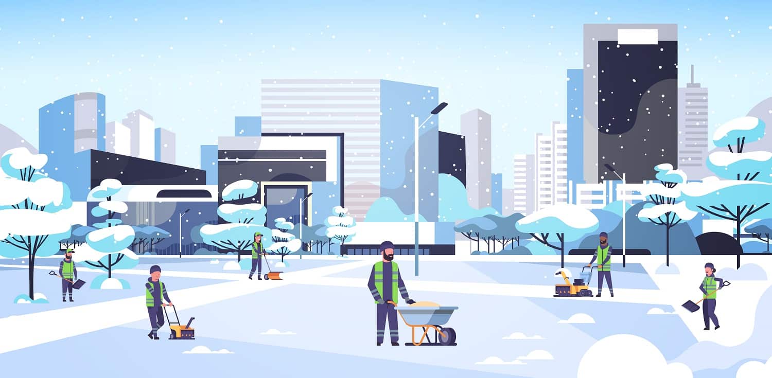 cleaners team using different equipment and tools snow removal concept men women in uniform cleaning winter snowy park cityscape background flat full length horizontal vector illustration