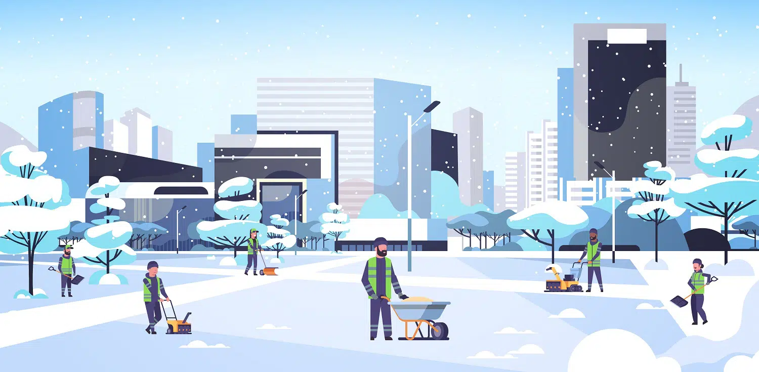 cleaners team using different equipment and tools snow removal concept men women in uniform cleaning winter snowy park cityscape background flat full length horizontal vector illustration