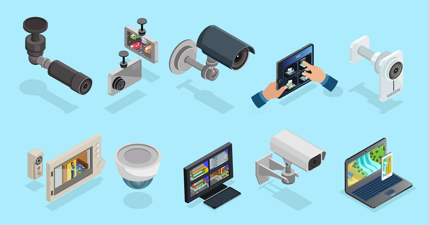 Isometric CCTV elements collection with security cameras electronic devices for different types of monitoring and surveillance isolated vector illustration