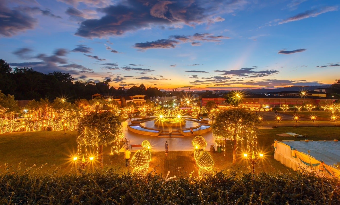 Light in the park of ranong city at sunset time, Thailand