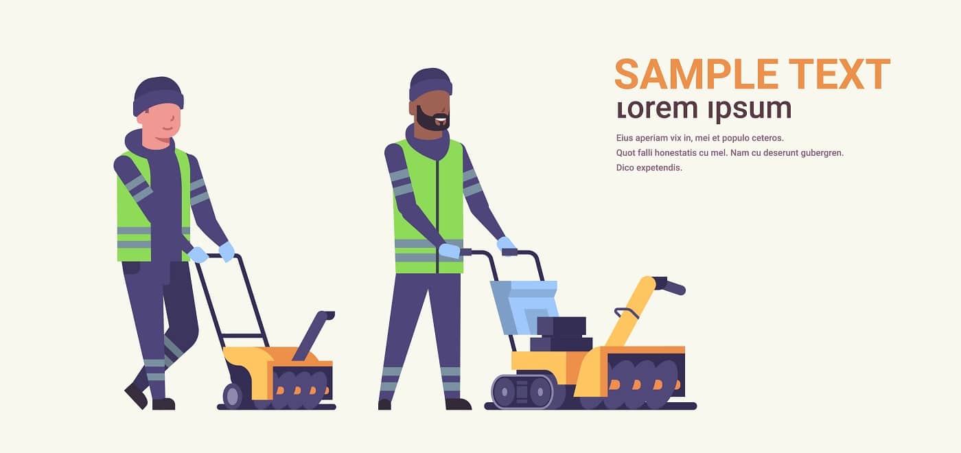 two male workers in uniform using snowblower snow removal winter street cleaning service concept mix race cleaners team pushing snow thrower flat full length horizontal copy space vector illustration