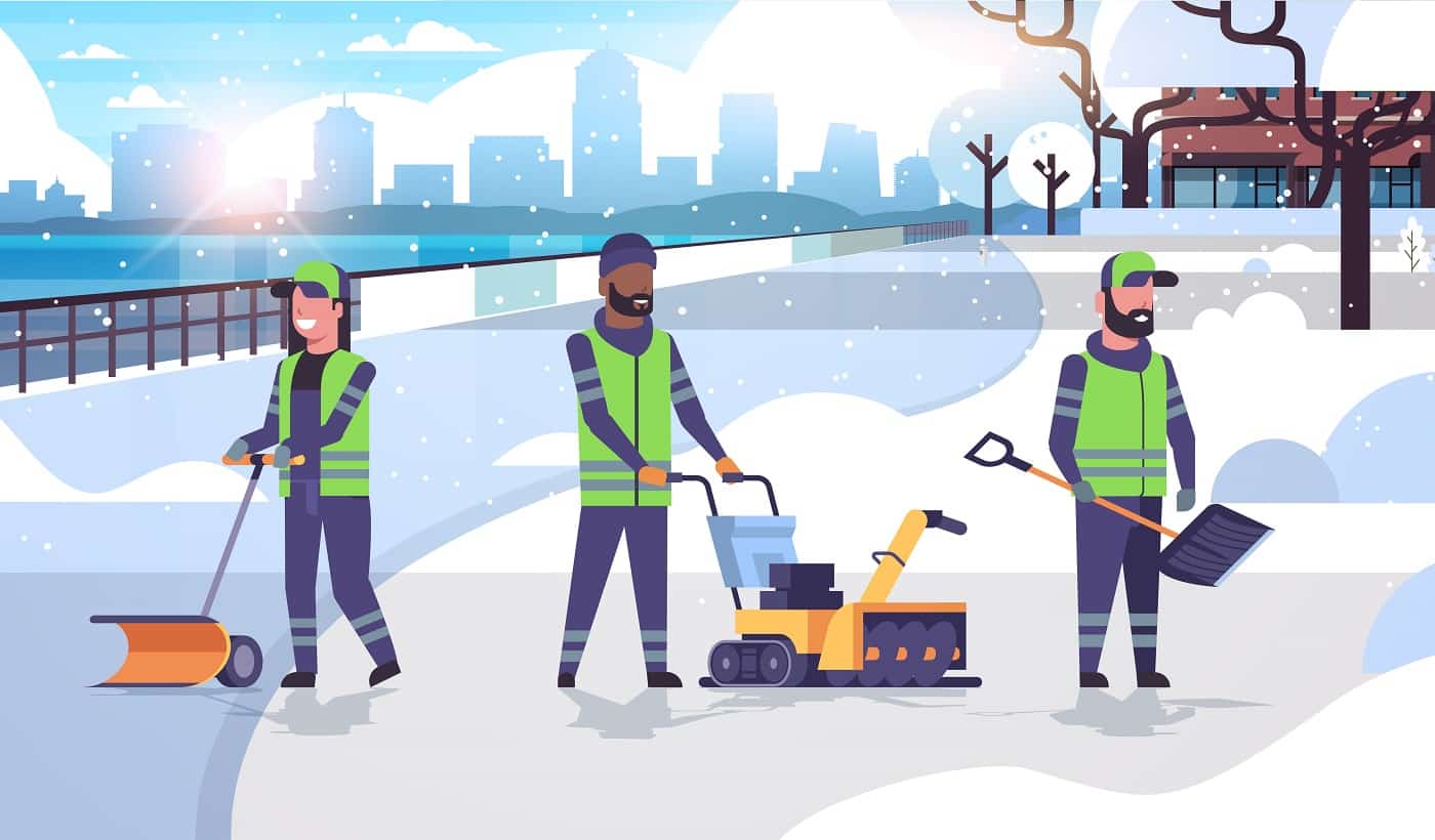 cleaners team using different equipment and tools snow removal concept mix race men women in uniform cleaning urban residential area cityscape background flat full length horizontal vector illustration