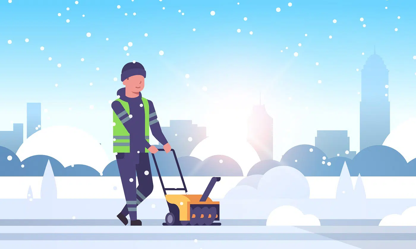 man worker in uniform using snowblower snow removal winter street cleaning service concept cleaner pushing snow thrower modern cityscape sunrise background flat full length vector illustration