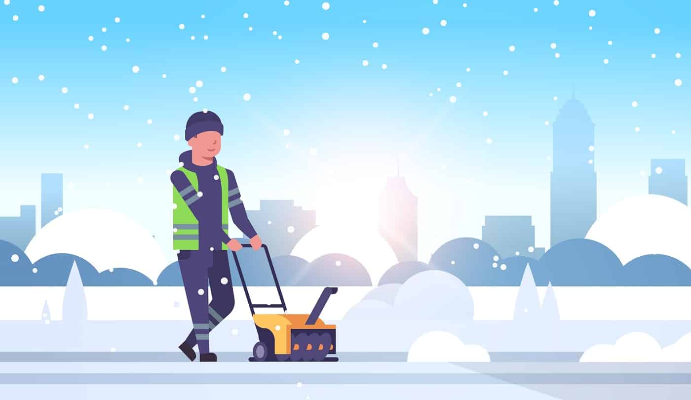 man worker in uniform using snowblower snow removal winter street cleaning service concept cleaner pushing snow thrower modern cityscape sunrise background flat full length vector illustration