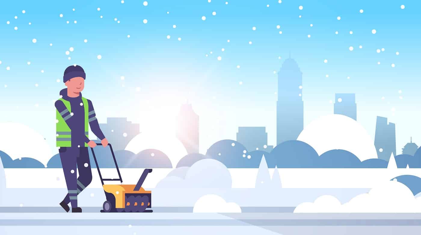 man worker in uniform using snowblower snow removal winter street cleaning service concept cleaner pushing snow thrower modern cityscape sunrise background flat full length vector illustration