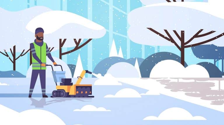 man cleaner in uniform using snowblower snow removal concept african american worker cleaning winter snowy park landscape background flat full length horizontal vector illustration