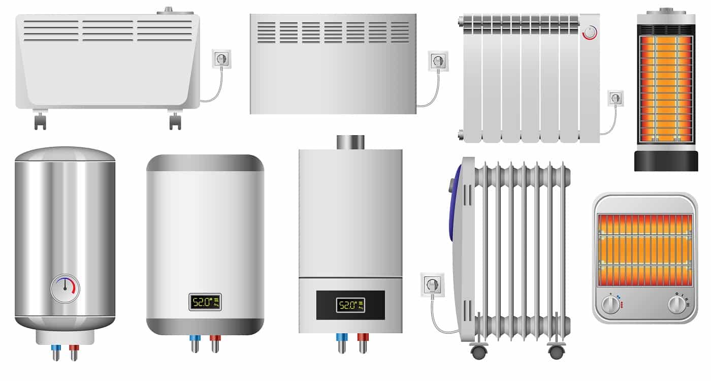 electric heater radiator mockup set. Realistic illustration of 16 electric heater radiator mockups for web