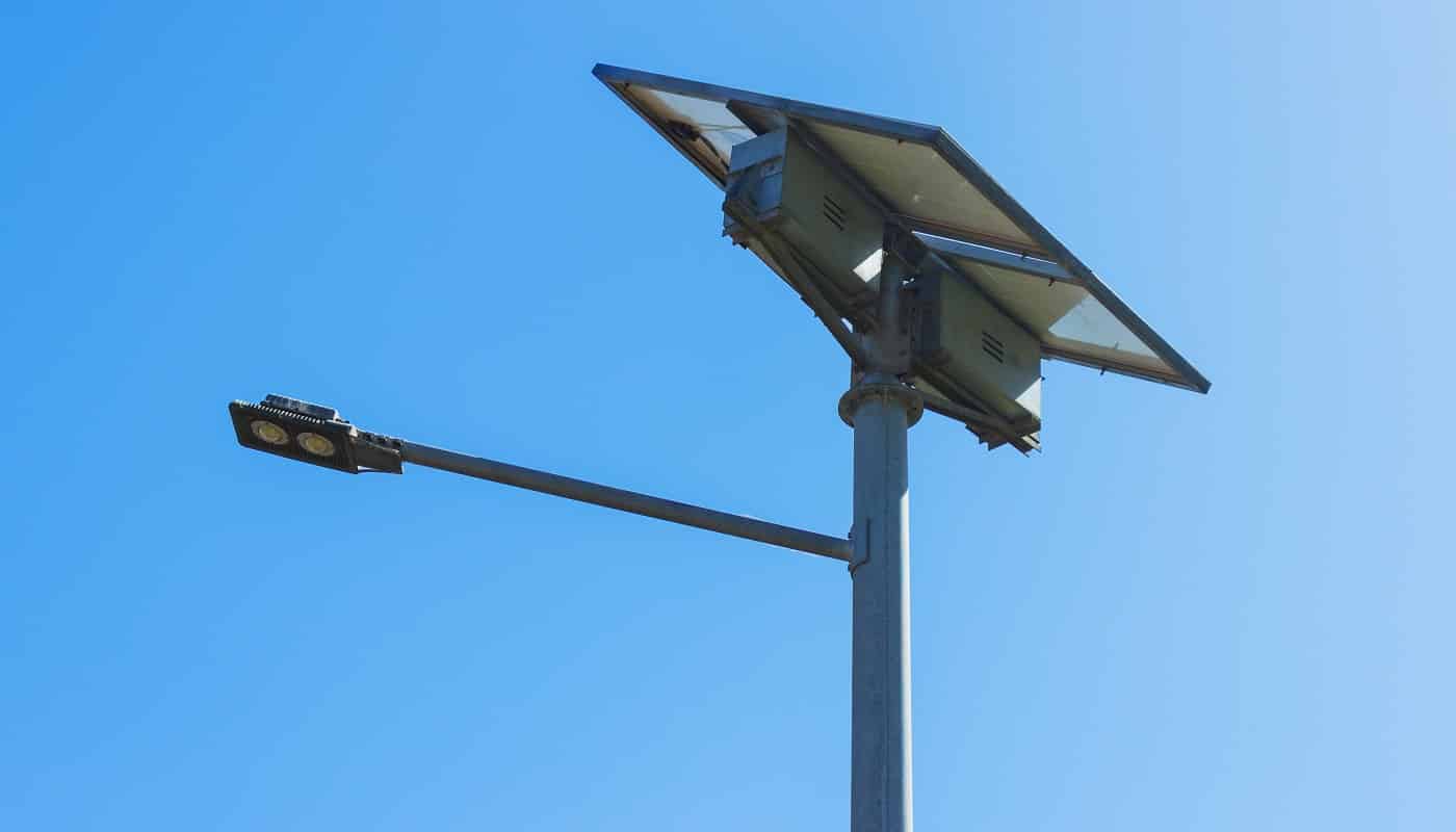 street light with solar panel. LED lamp renewable energy.