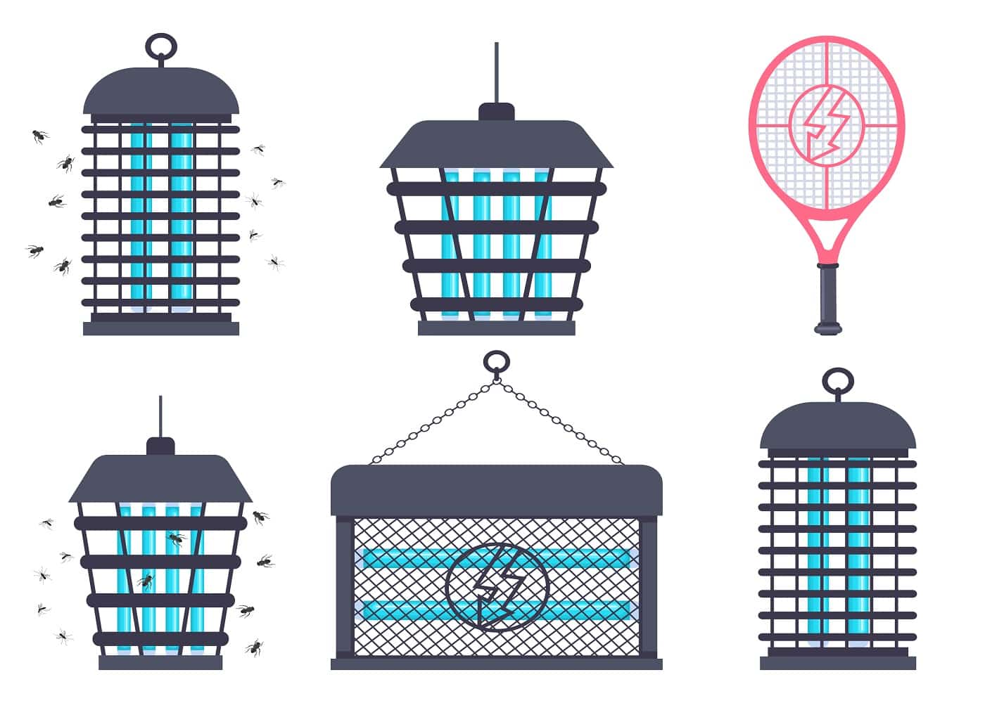 Electric bug zapper, fly swatter racket and mosquito trap vector set.