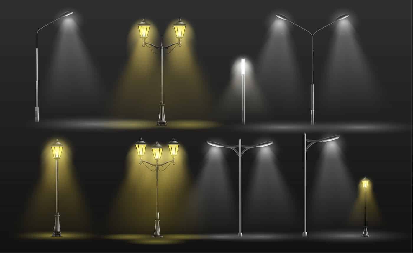 Various city street lights glowing in darkness yellow warm and cold white light 3d realistic vector set with old-fashioned, retro lampposts and modern electrical road lamps illustrations collection