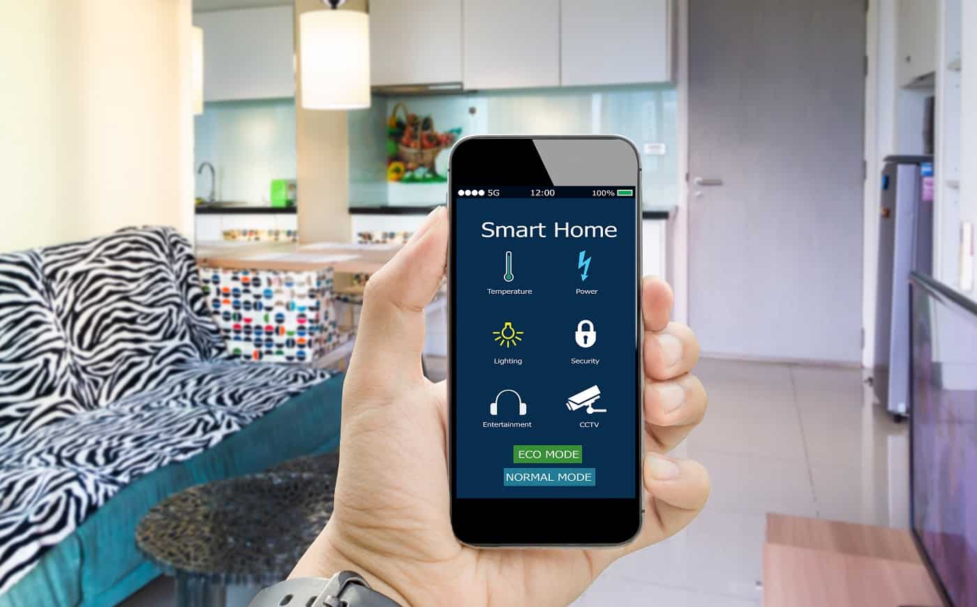 hands holding smart phone with app smart home on blurred bed room as background