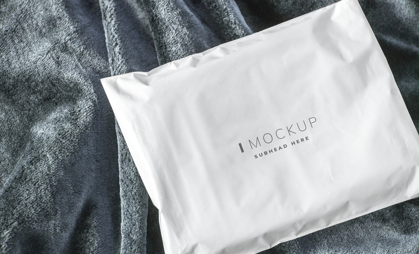 White plastic envelope packaging mockup