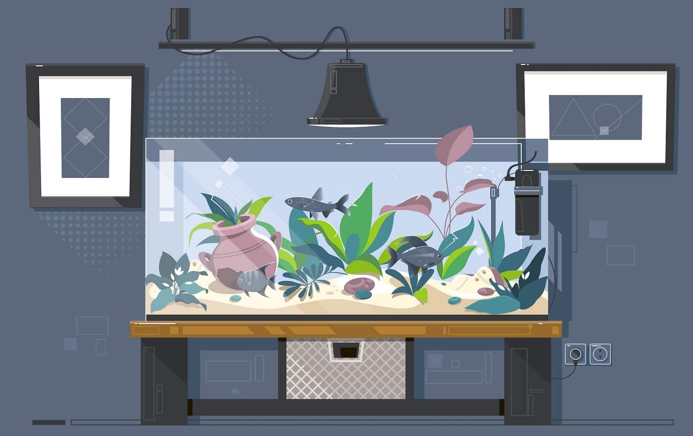 Cartoon freshwater fishes in tank aquarium vector illustration.