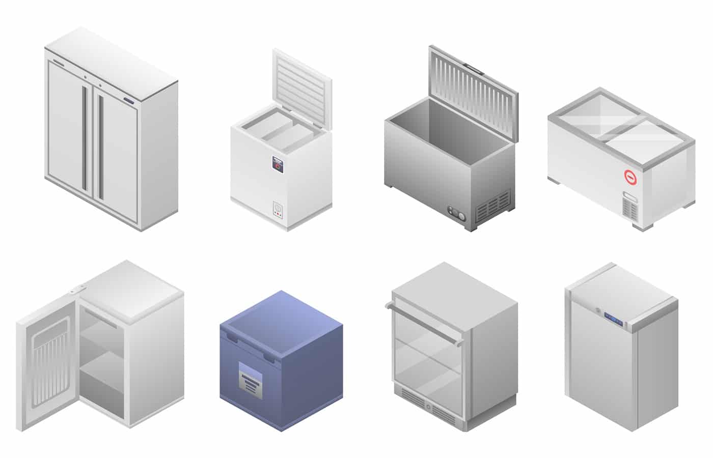 Freezer icon set. Isometric set of freezer vector icons for web design isolated on white background