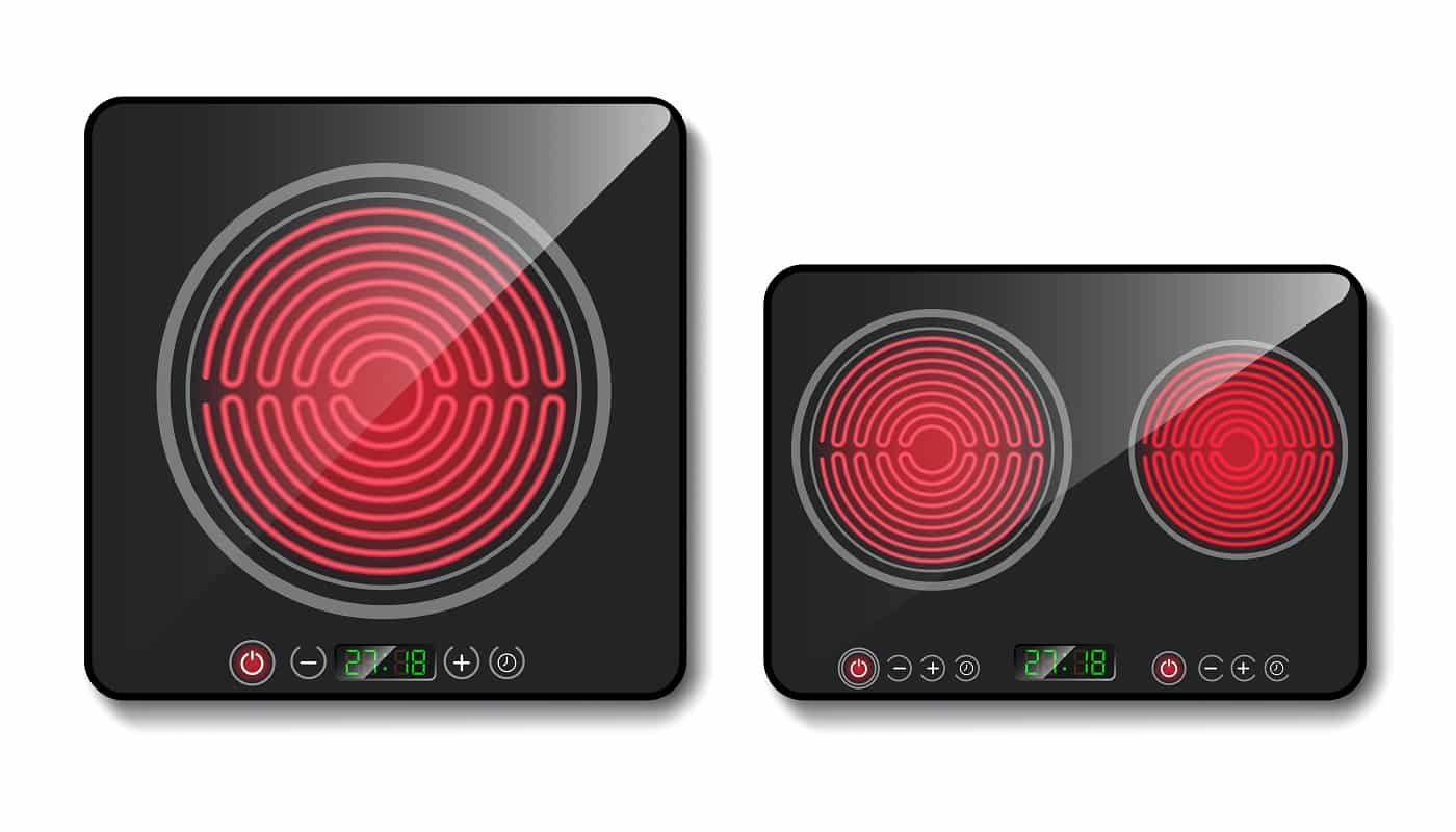 Vector realistic black induction cooktops or glass-ceramic cooking panels, hobs with one and two heating zones, isolated on background. Modern stove for cooking food with touch control buttons. Waring Pro ICT400 Verdict