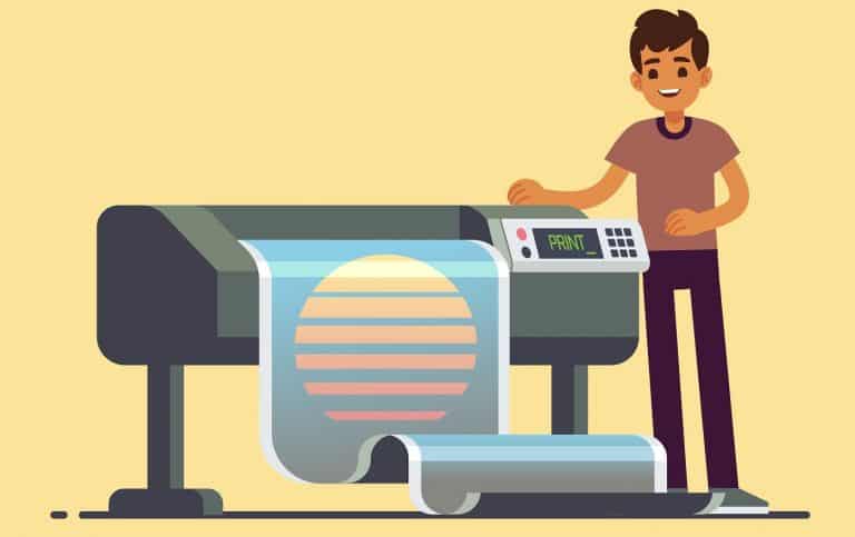 Man worker at plotter printing wide format large banner vector illustration. Printer and worker in office, printshop and polygraphy