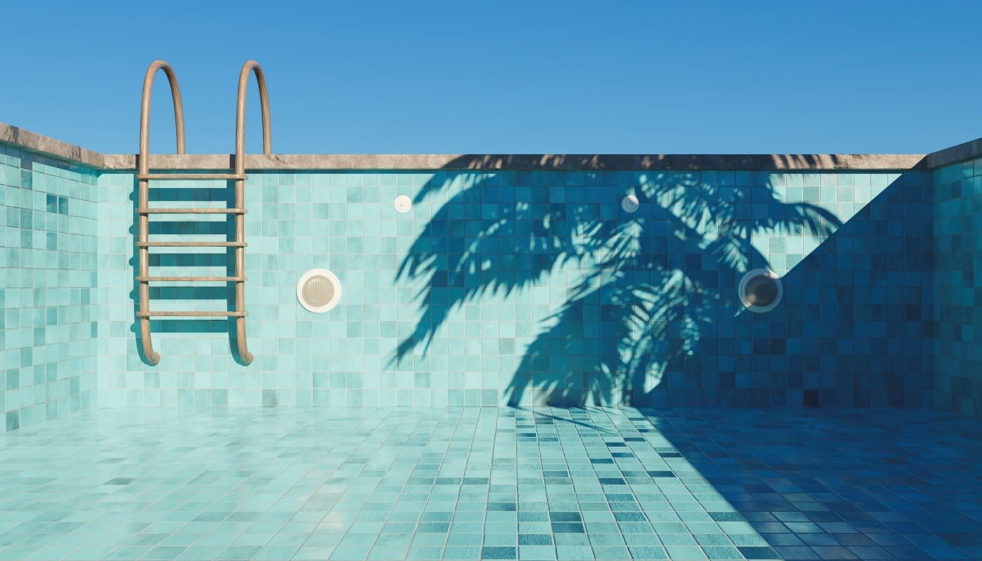 empty swimming pool with rusty stairs and tile floor. concept start of summer. 3d render