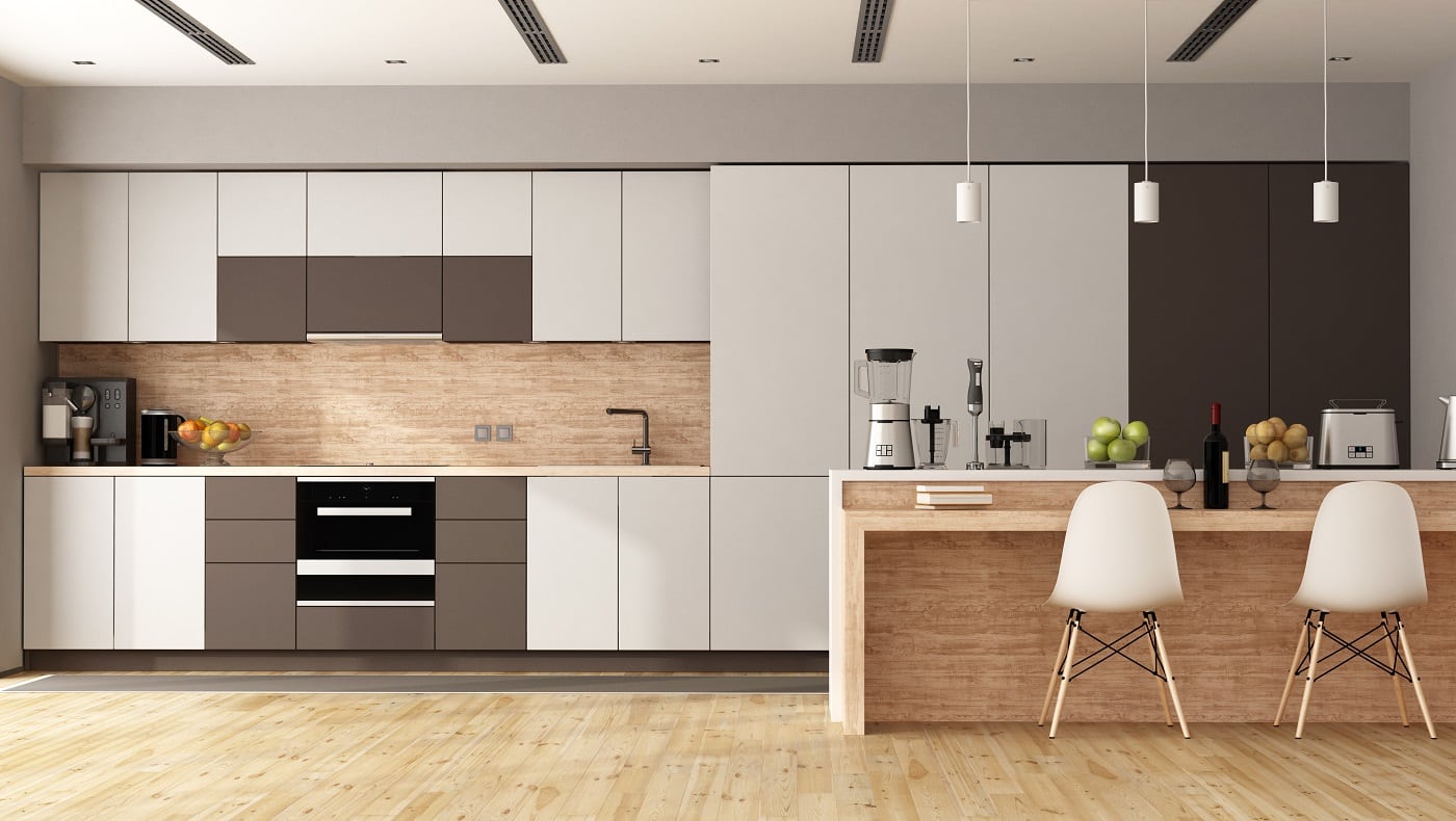 White and brown modern kitchen with wooden island - 3d rendering
