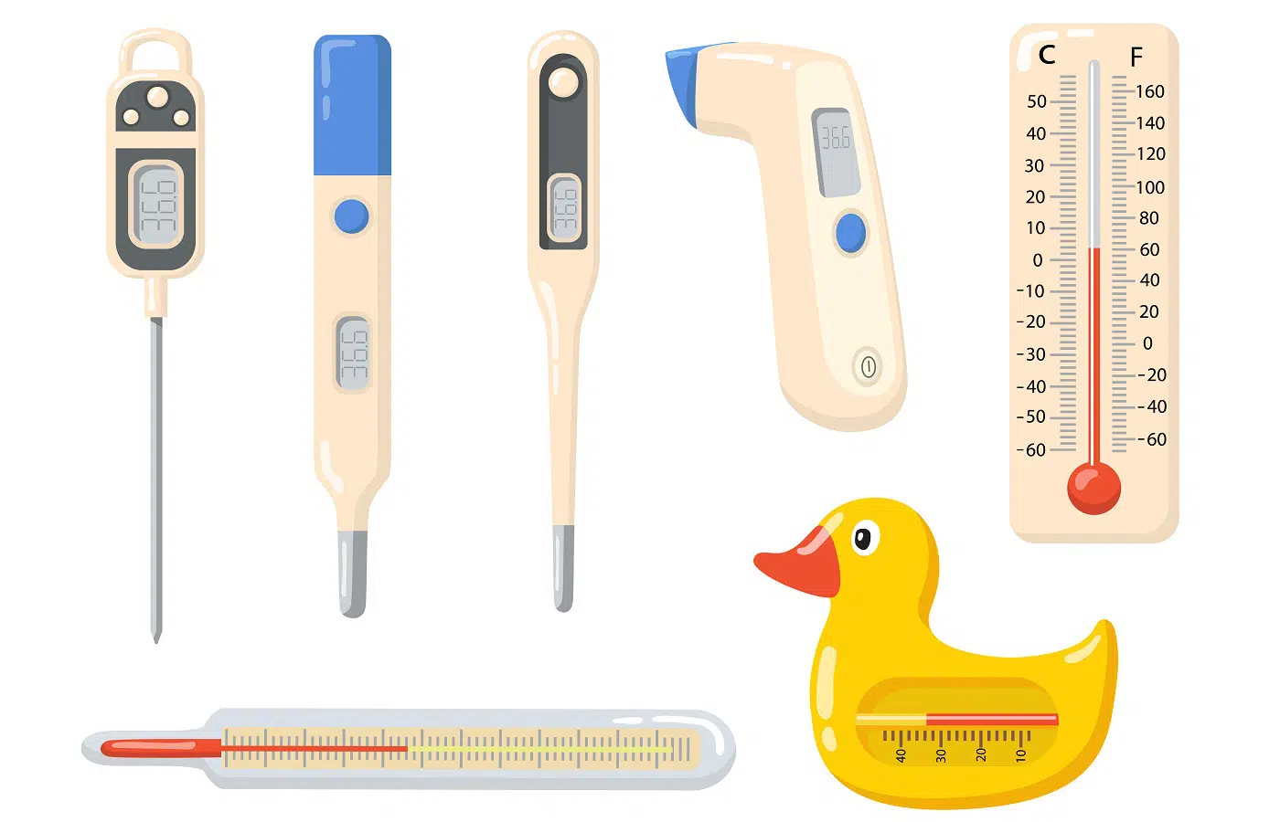 Various thermometers flat item set. Cartoon medical tool for high temperature measurement isolated vector illustration collection. Measuring instruments and indication concept