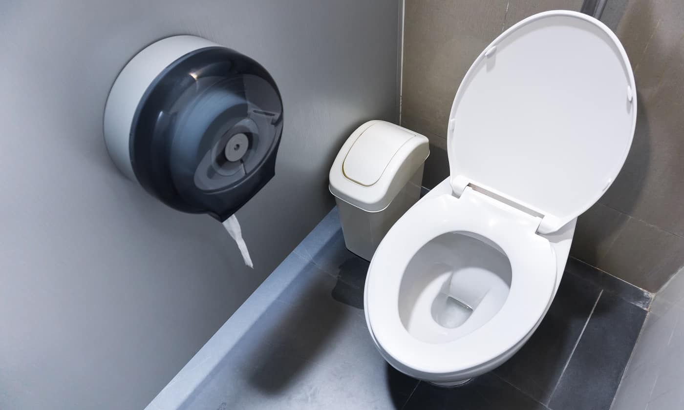 Toilet bowl in a modern bathroom with bins and toilet paper,flush toilet clean bathroom