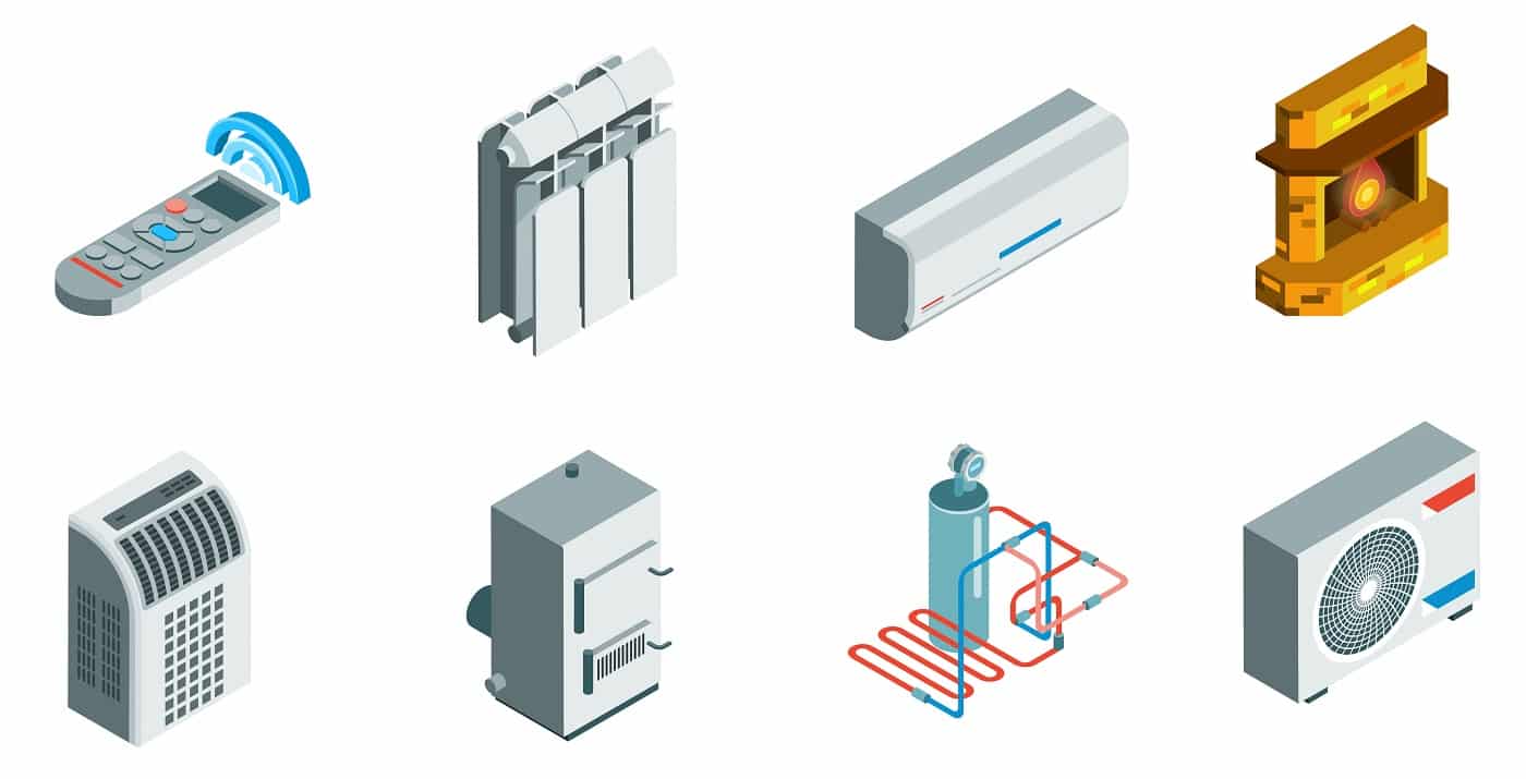Heating cooling system isometric icons set of different elements in flat style isolated vector illustration