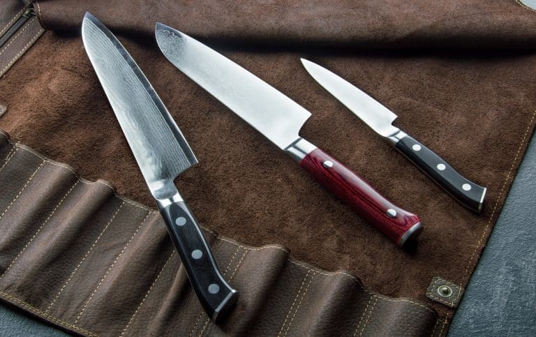 Excellent set of Japanese chef's knives from Damascus steel. View from above