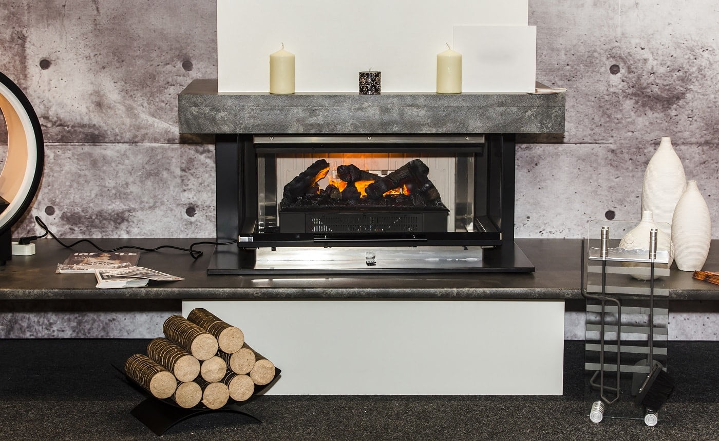 electric fireplace with artificial sparkling flame, decor for the interior