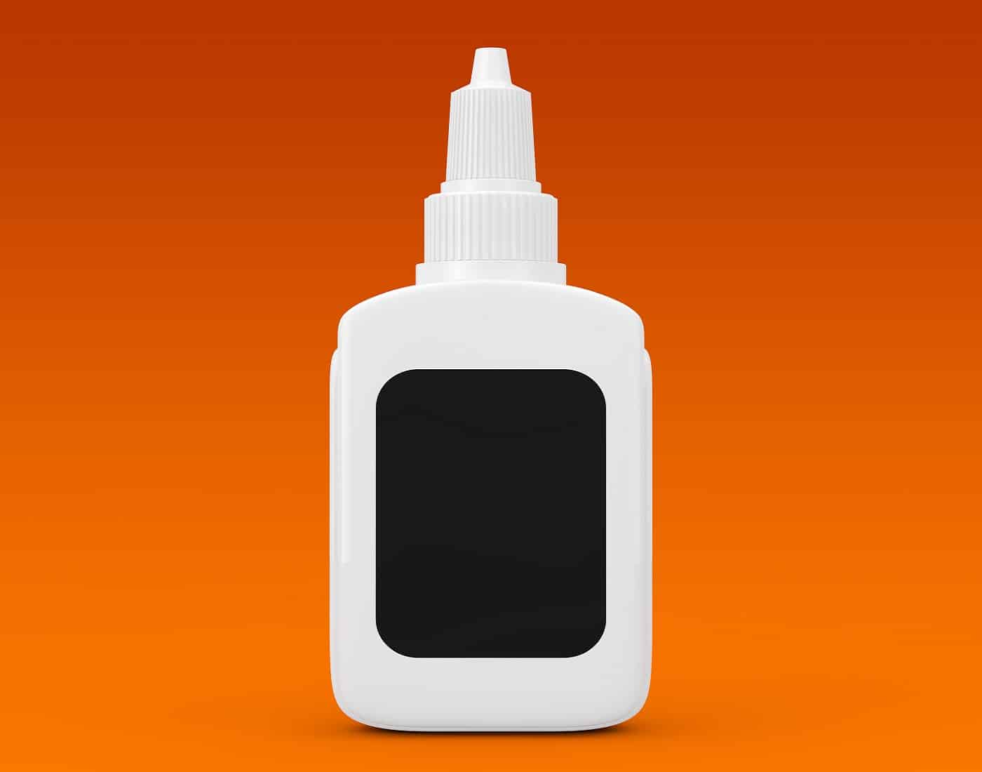 White Glue Bottle with Blank Black Label for Your Design on an orange background. 3d Rendering