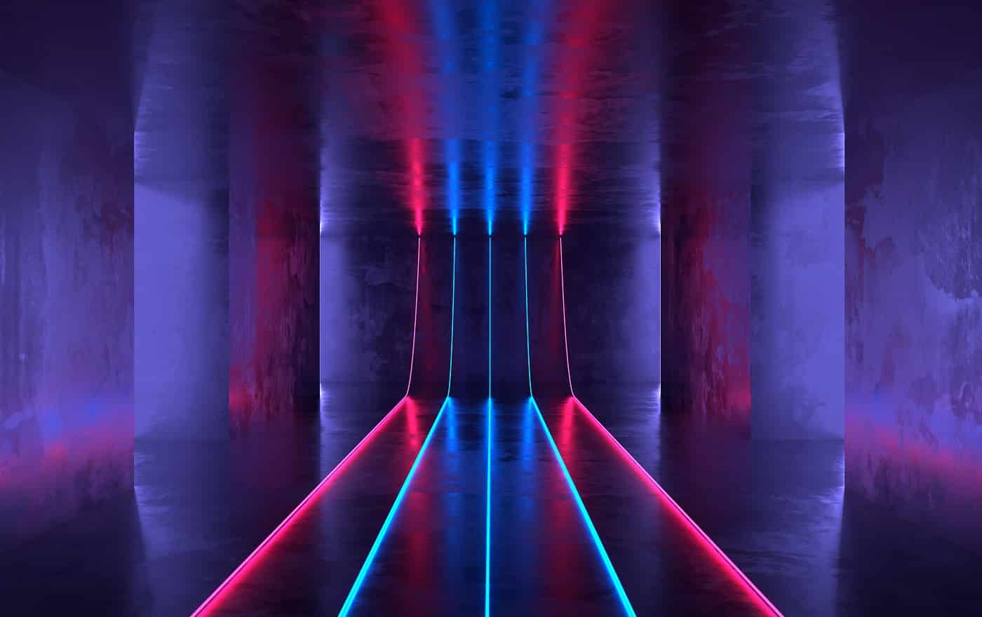 Futuristic sci-fi concrete room with glowing neon. Virtual reality portal, computer video games, vibrant colors, laser energy source. Blue and red neon lights