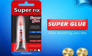 Colorful tube of super fix glue in cardboard and plastic packaging with brand information realistic vector isolated on blue bent paper background. Original container packaging of instant glue