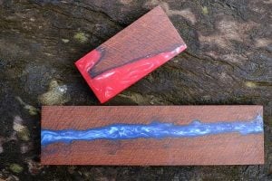 Nature wood with casting epoxy resin blue and red and stabilizing art for DIY