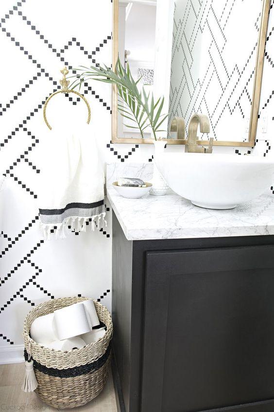 Pattern-Heavy Walls black and white bathroom