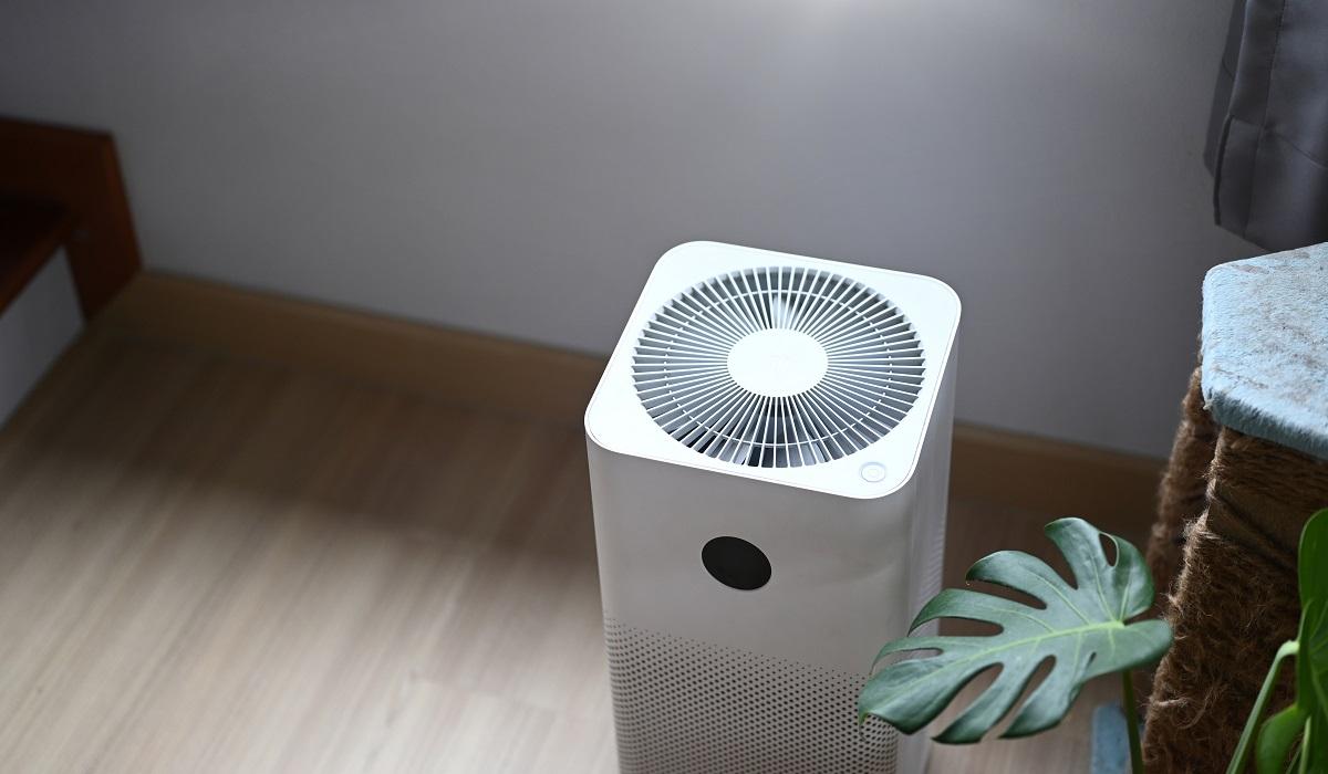 40 pint dehumidifier and Air purifier in comfortable living room with house plant on the wooden floor.
